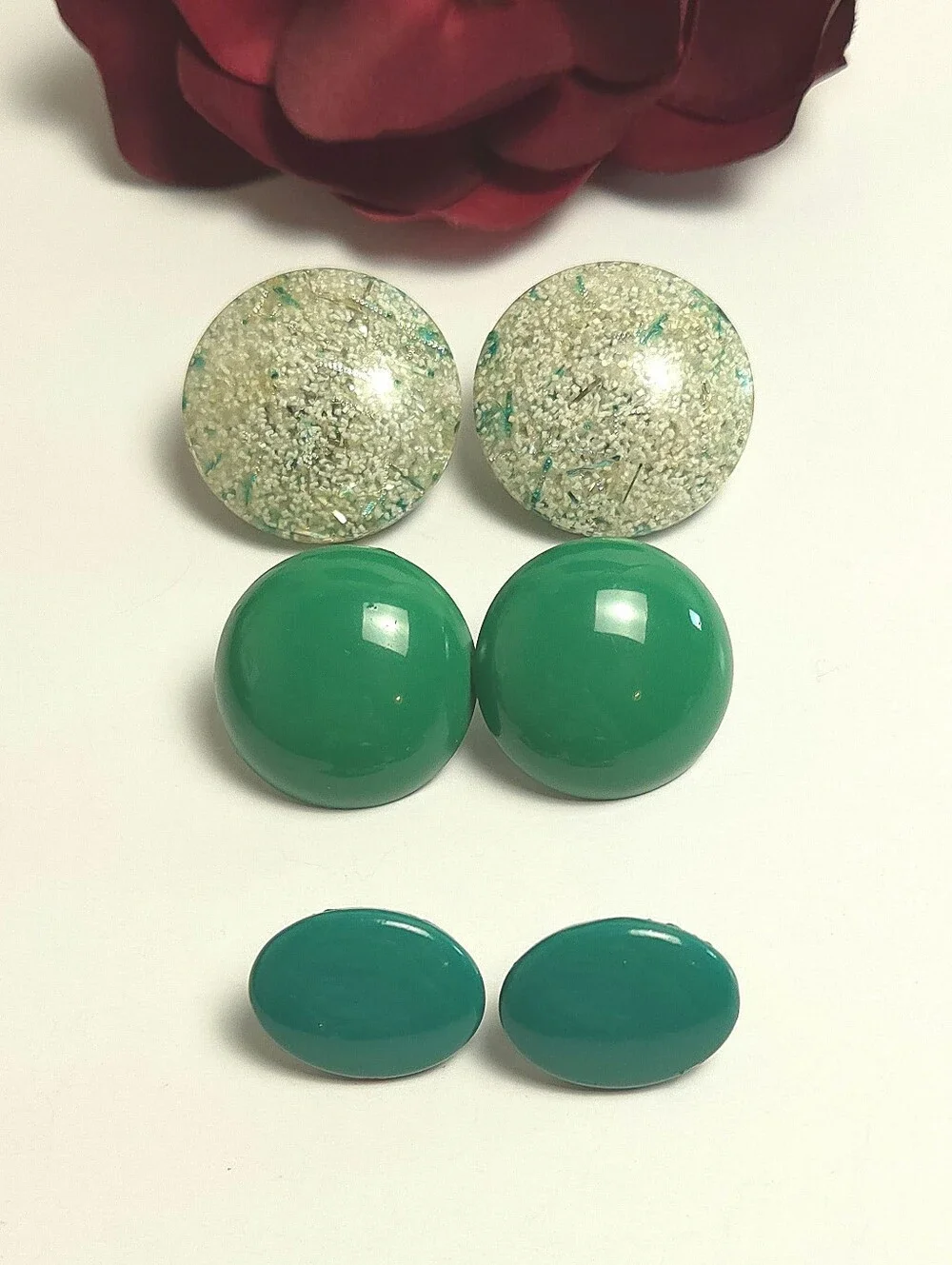 3 Pairs of Green Vintage Clip on Earrings Green & Silver Confetti Earrings Retro